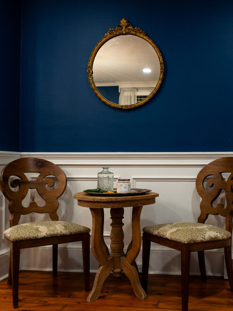 Close up of two chairs and a table