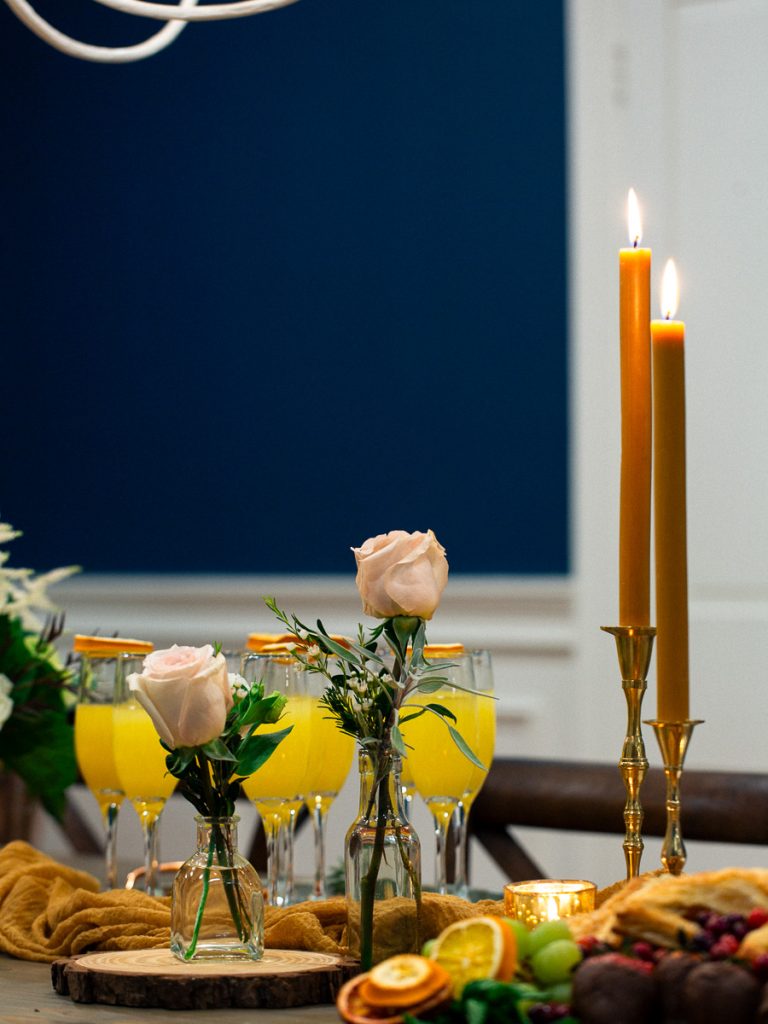 Close up of table details including flowers and candles