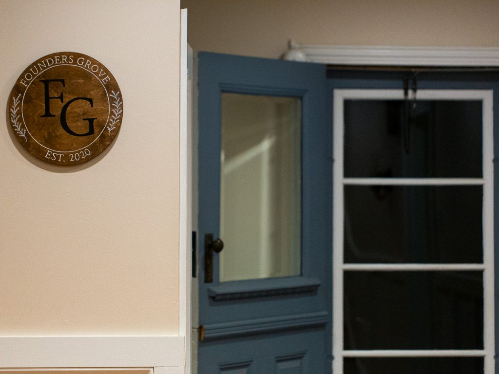 Close up of a sign and door