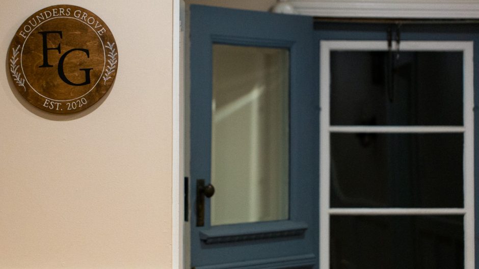 Close up of a sign and door